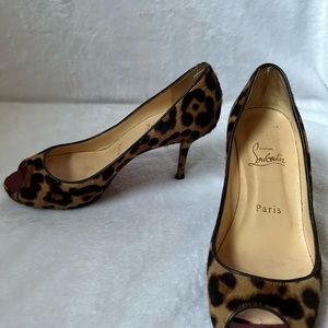 Christian Louboutin Leopard-Print  Calf Hair Peep-toe red sole pump 36 1/2.